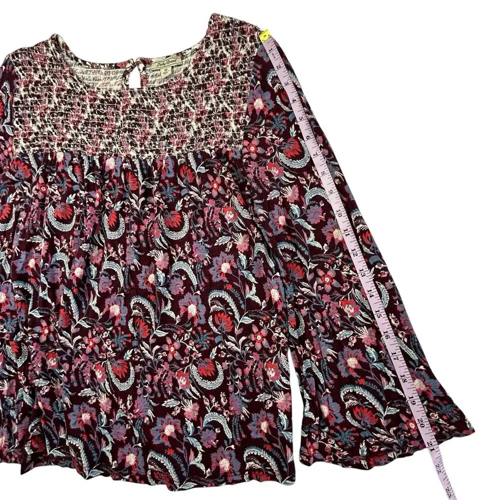 Lucky Brand Paisley Floral Smocked Top Women Medium Burgundy 3/4 Sleeve